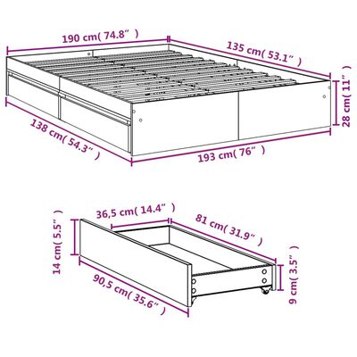 vidaXL Posteljni okvir s predali črn 135x190 cm inženirski les