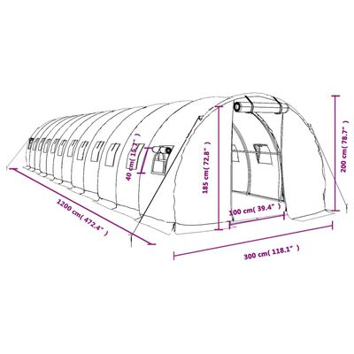 vidaXL Rastlinjak z jeklenim ogrodjem zelen 36 m² 12x3x2 m