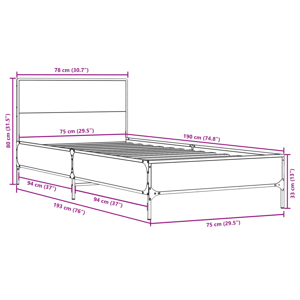 vidaXL Posteljni okvir siva sonoma 75x190 cm inženirski les in kovina