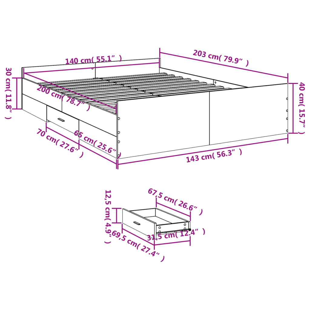 vidaXL Posteljni okvir s predali dimljen hrast 140x200 cm inž. les