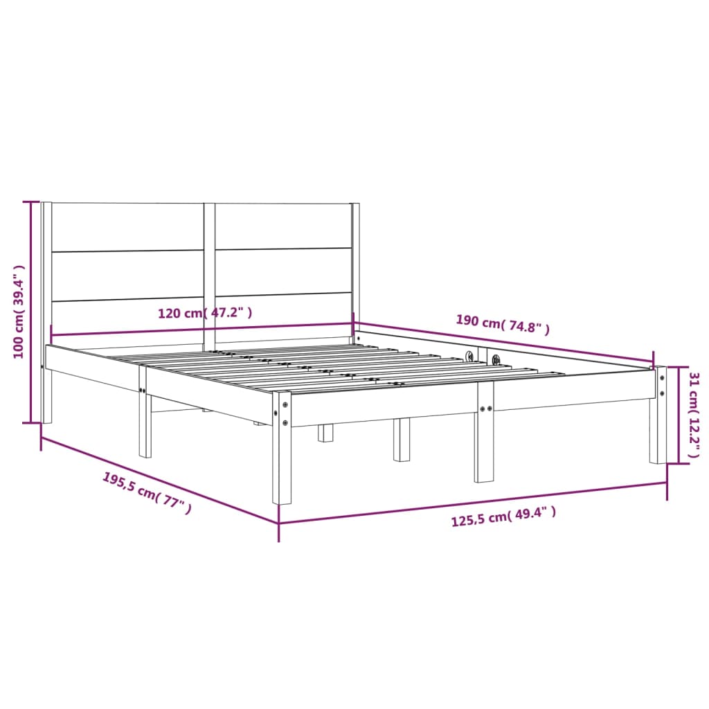 vidaXL Posteljni okvir medeno rjav iz trdnega lesa 120x190 cm