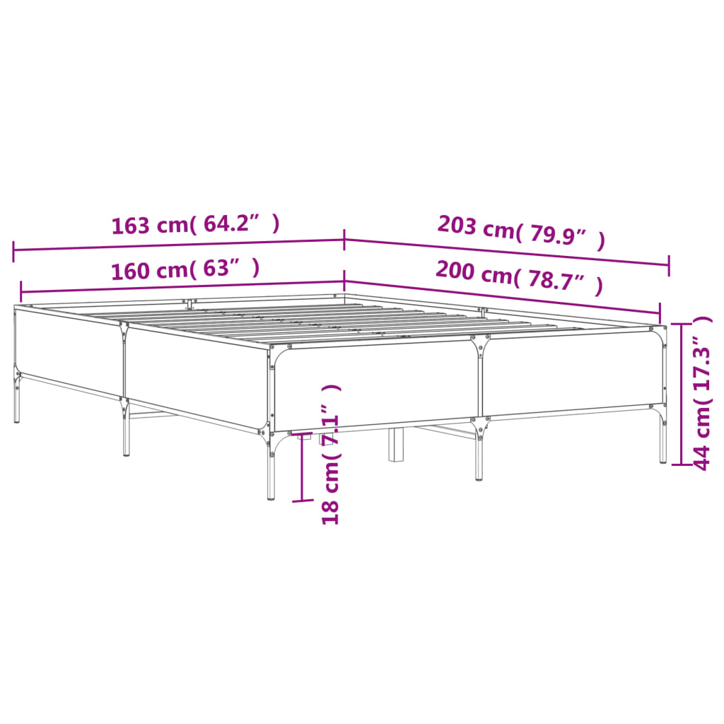 vidaXL Posteljni okvir siva sonoma 160x200 cm inž. les in kovina