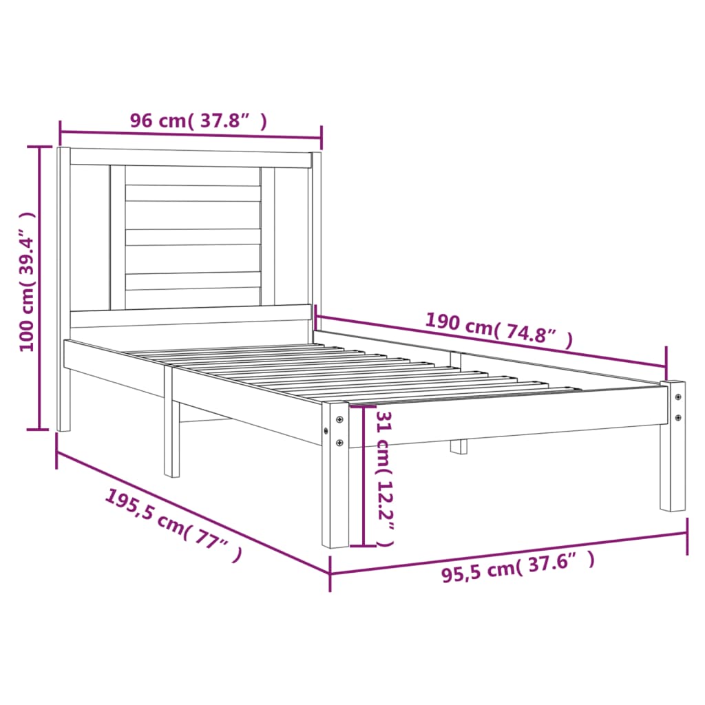 vidaXL Posteljni okvir bel iz trdne borovine 90x190 cm