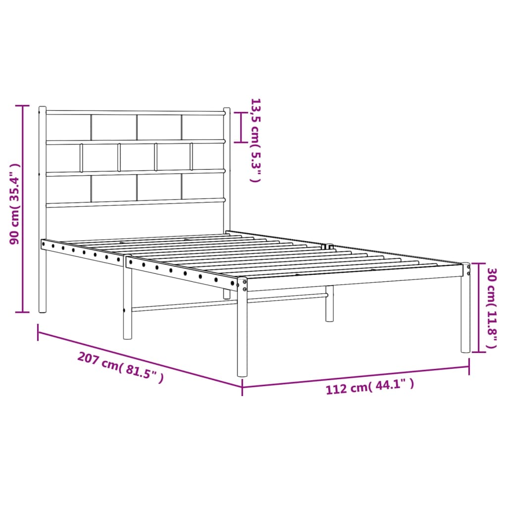 vidaXL Kovinski posteljni okvir z vzglavjem bel 107x203 cm