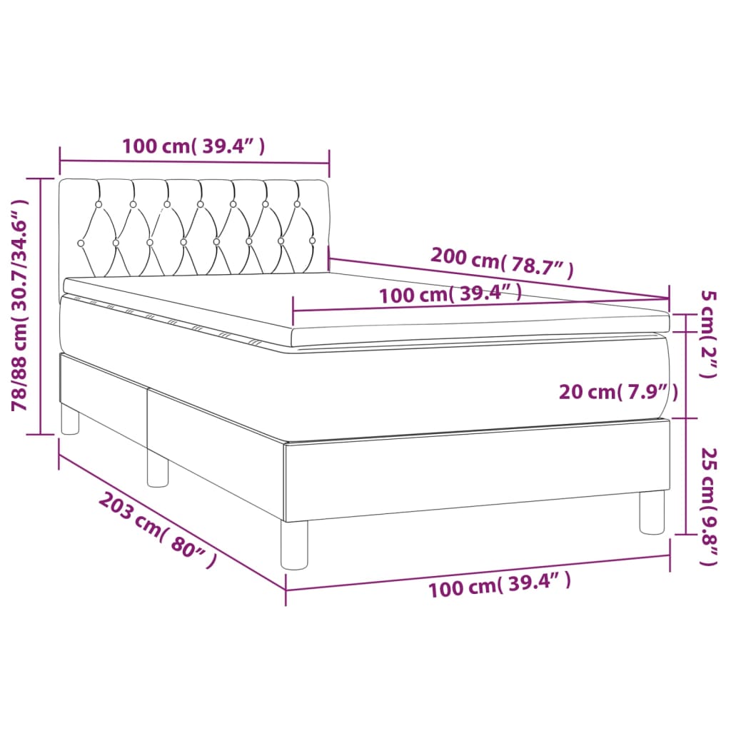 vidaXL Box spring postelja z vzmetnico LED tem. zelena 100x200cm žamet