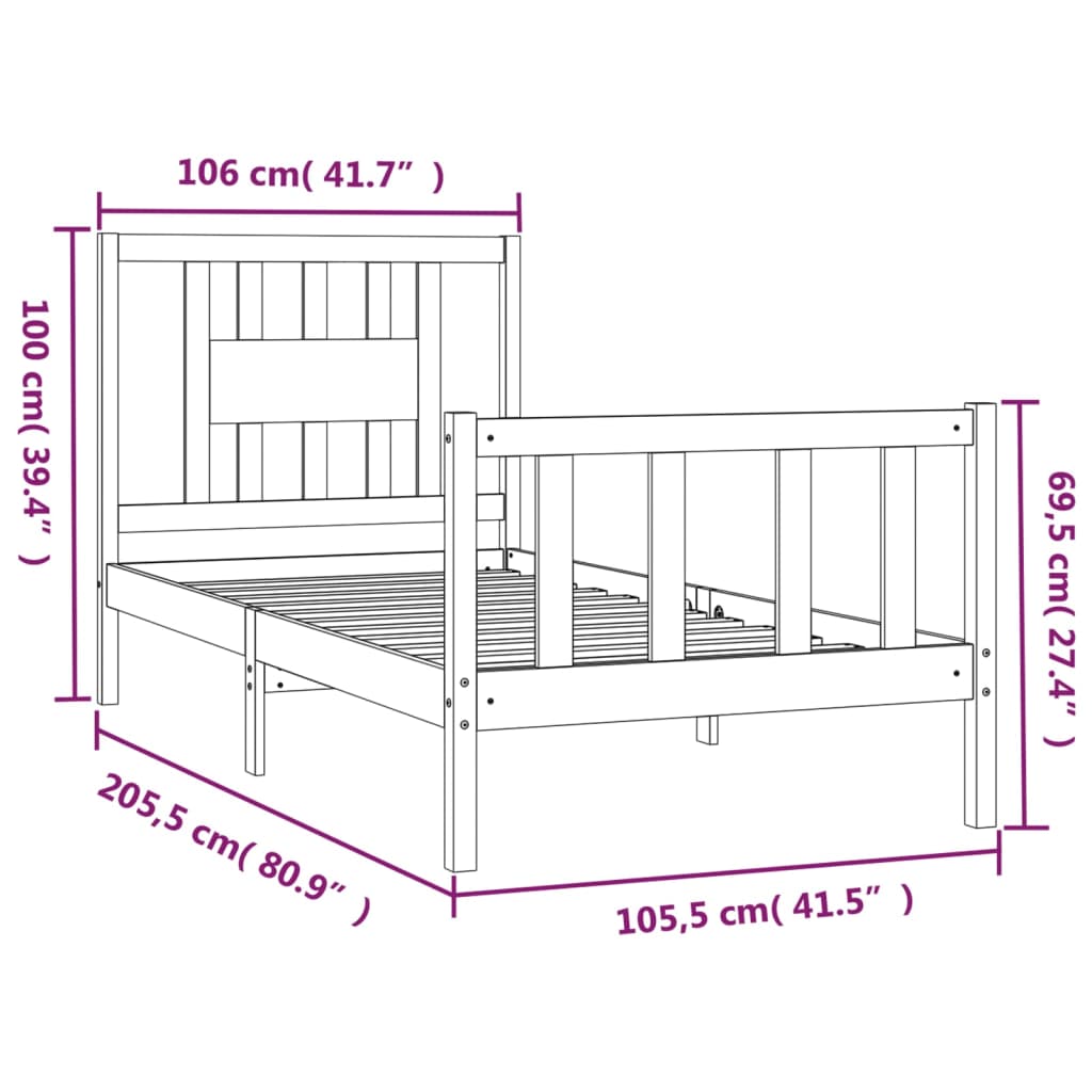 vidaXL Posteljni okvir z vzglavjem siv trdna borovina 100x200 cm