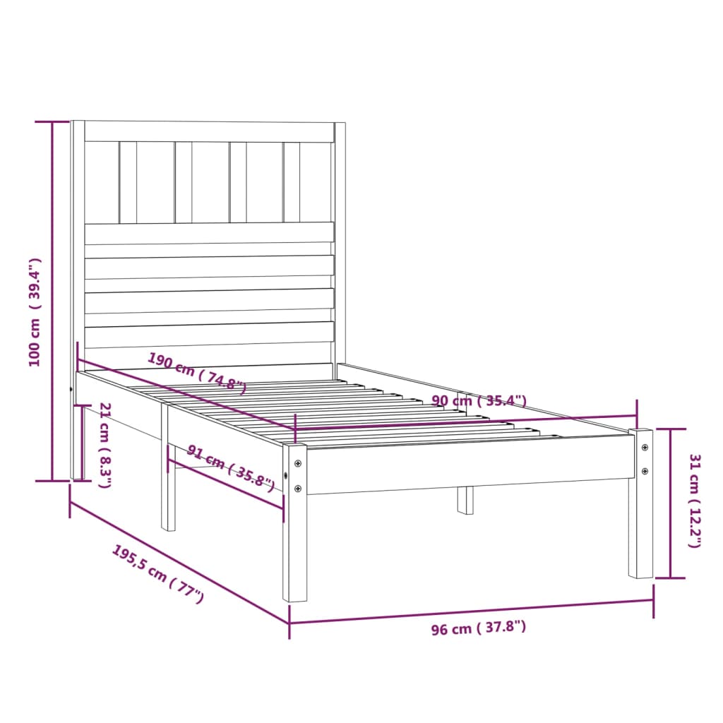 vidaXL Posteljni okvir bel 90x190 cm trdna borovina