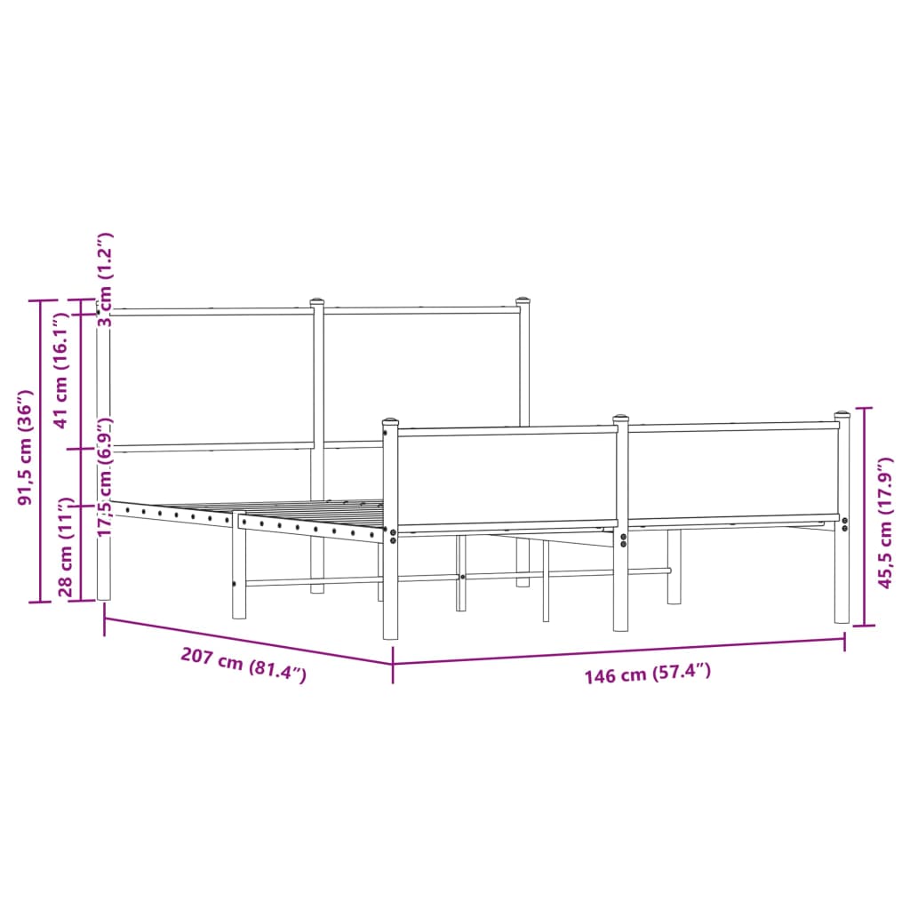 vidaXL Kovinski posteljni okvir brez vzmetnice rjavi hrast 140x200 cm