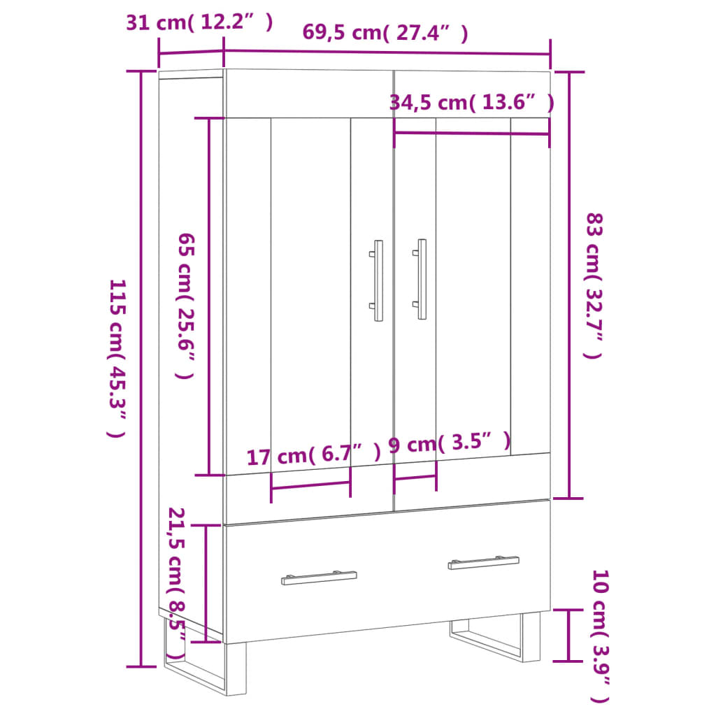 vidaXL Visoka omara betonsko siva 69,5x31x115 cm inženirski les