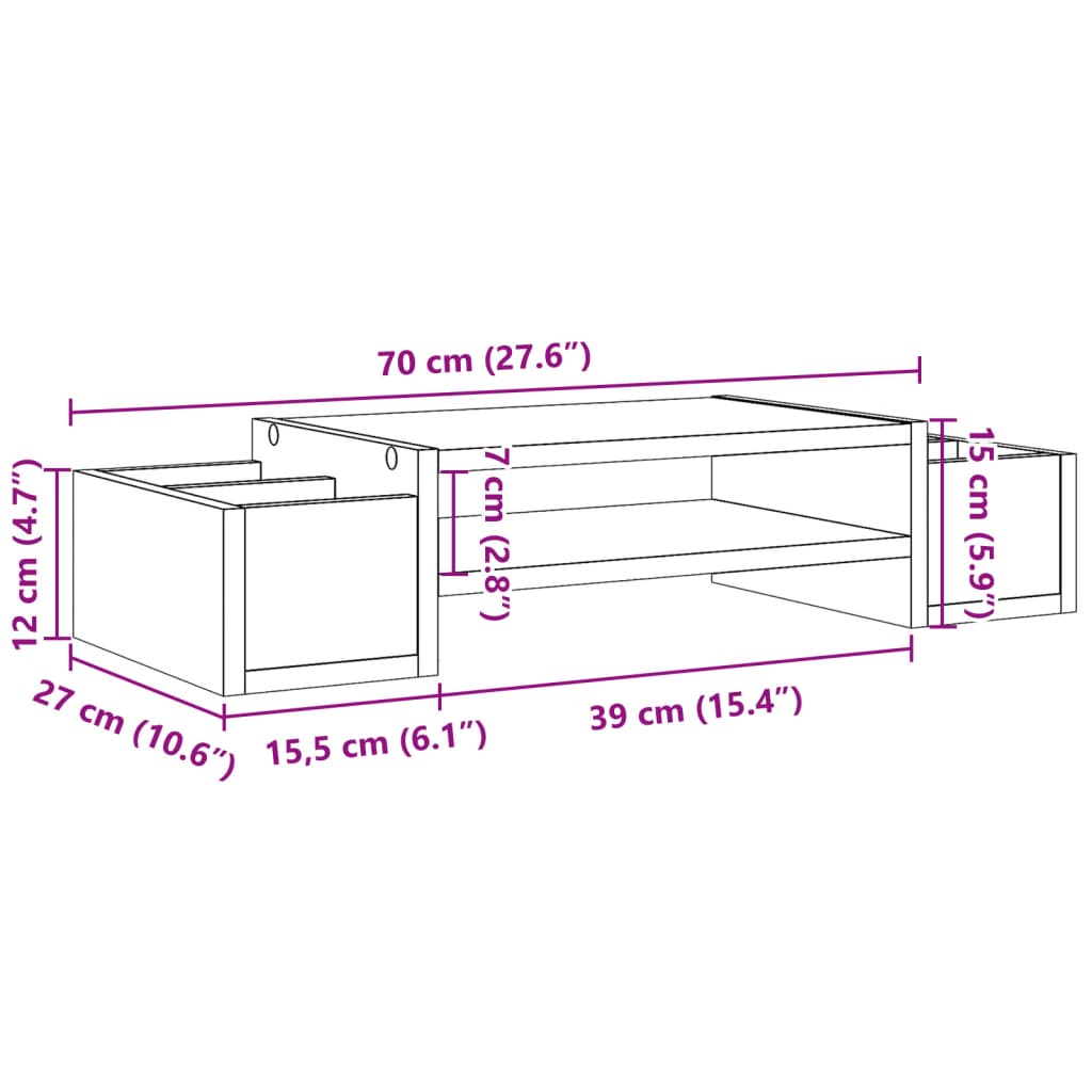 vidaXL Stojalo za zaslon s predelki dimljen hrast 70x27x15 cm inž. les