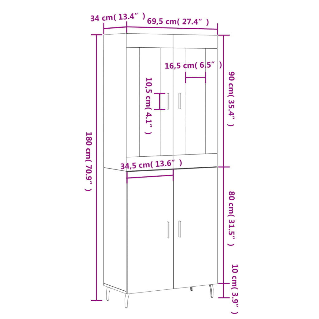 vidaXL Visoka komoda črna 69,5x34x180 cm inženirski les