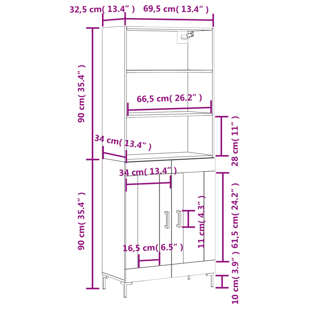 vidaXL Visoka komoda dimljen hrast 69,5x34x180 cm inženirski les