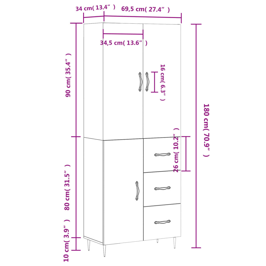 vidaXL Visoka komoda rjav hrast 69,5x34x180 cm inženirski les