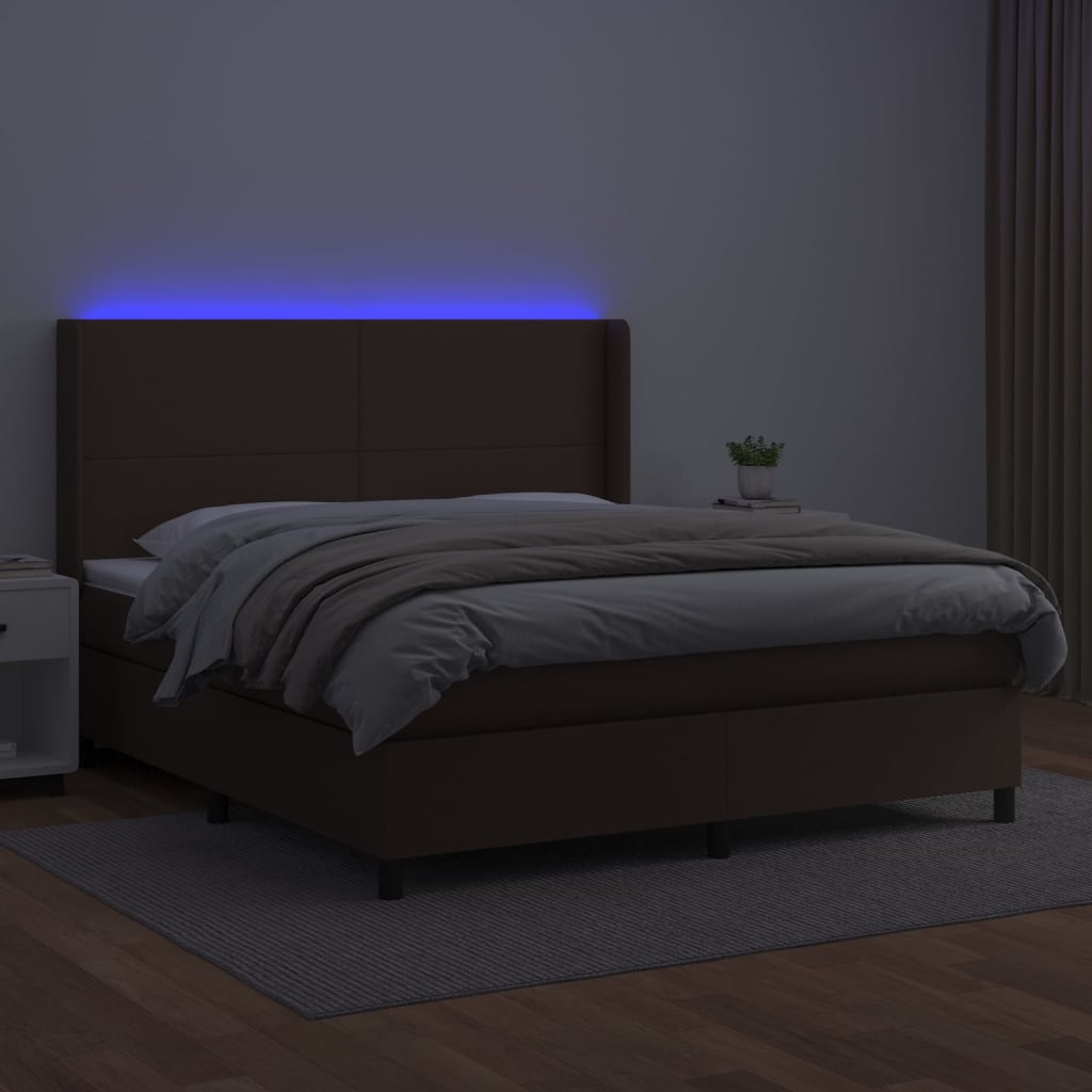 vidaXL Box spring postelja z vzmetnico LED rjava 160x200 cm um. Usnje