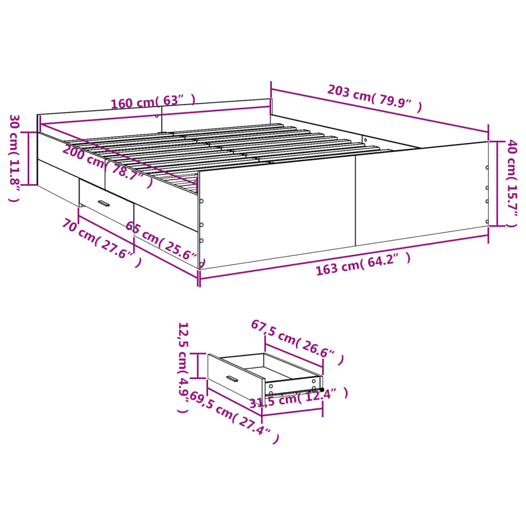 vidaXL Posteljni okvir s predali bel 160x200 cm inženirski les