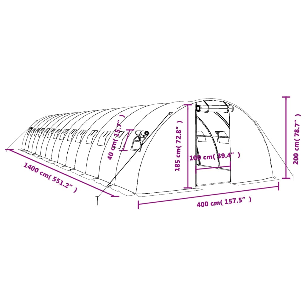 vidaXL Rastlinjak z jeklenim okvirjem bel 56 m² 14x4x2 m