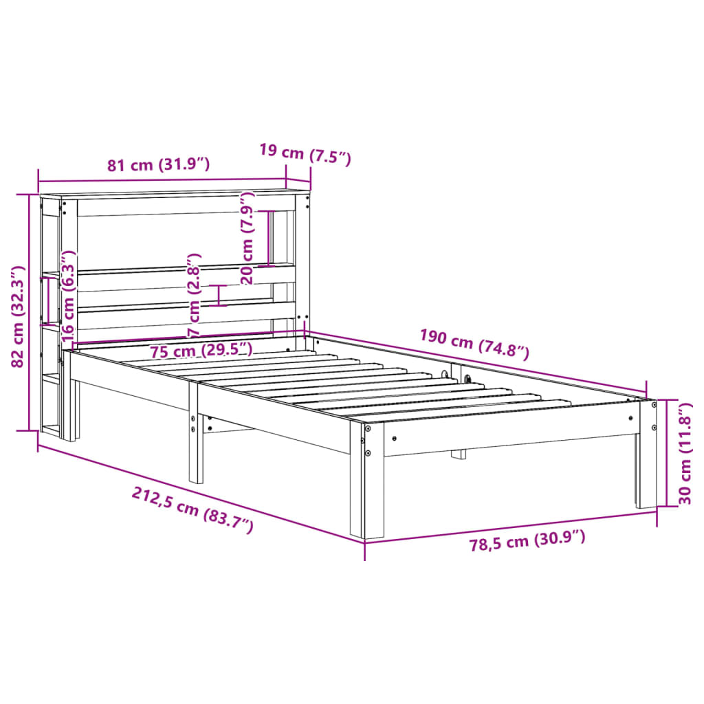 vidaXL Posteljni okvir z vzglavjem bel 75x190 cm trdna borovina