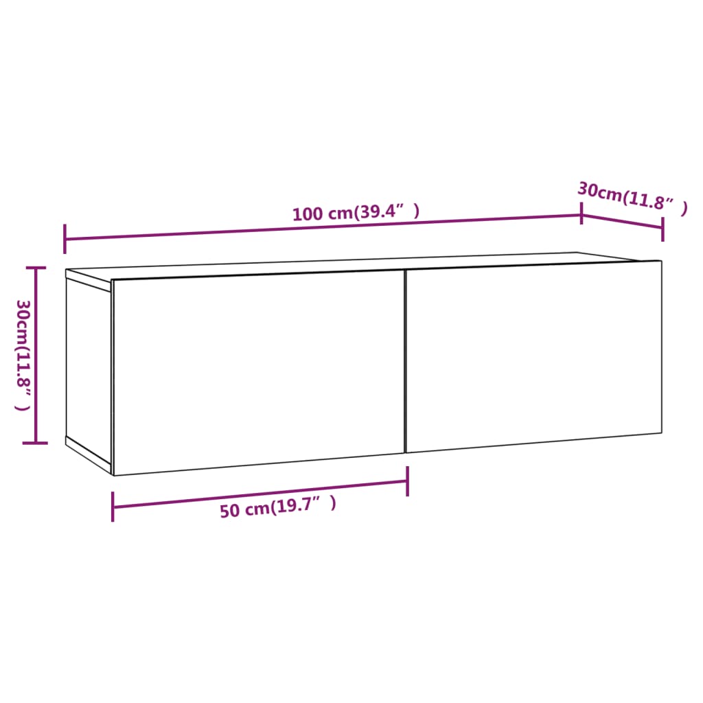 vidaXL Stenska TV omarica 2 kosa siva sonoma 100x30x30 cm inž. les