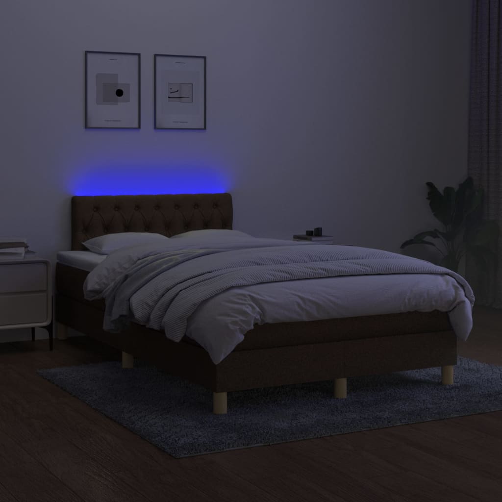 vidaXL Box spring postelja z vzmetnico LED tem. rjava 120x200 cm blago