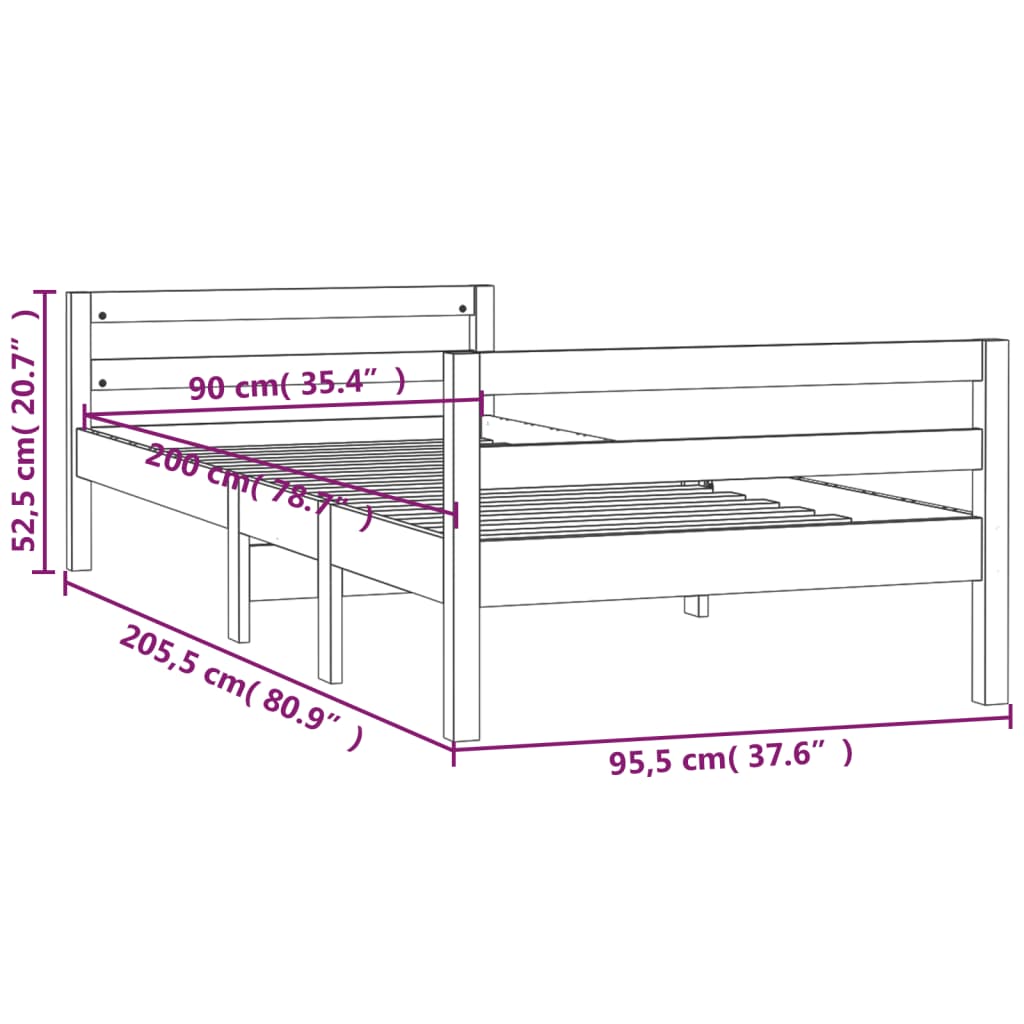 vidaXL Posteljni okvir brez vzmetnice 90x200 cm trdna borovina