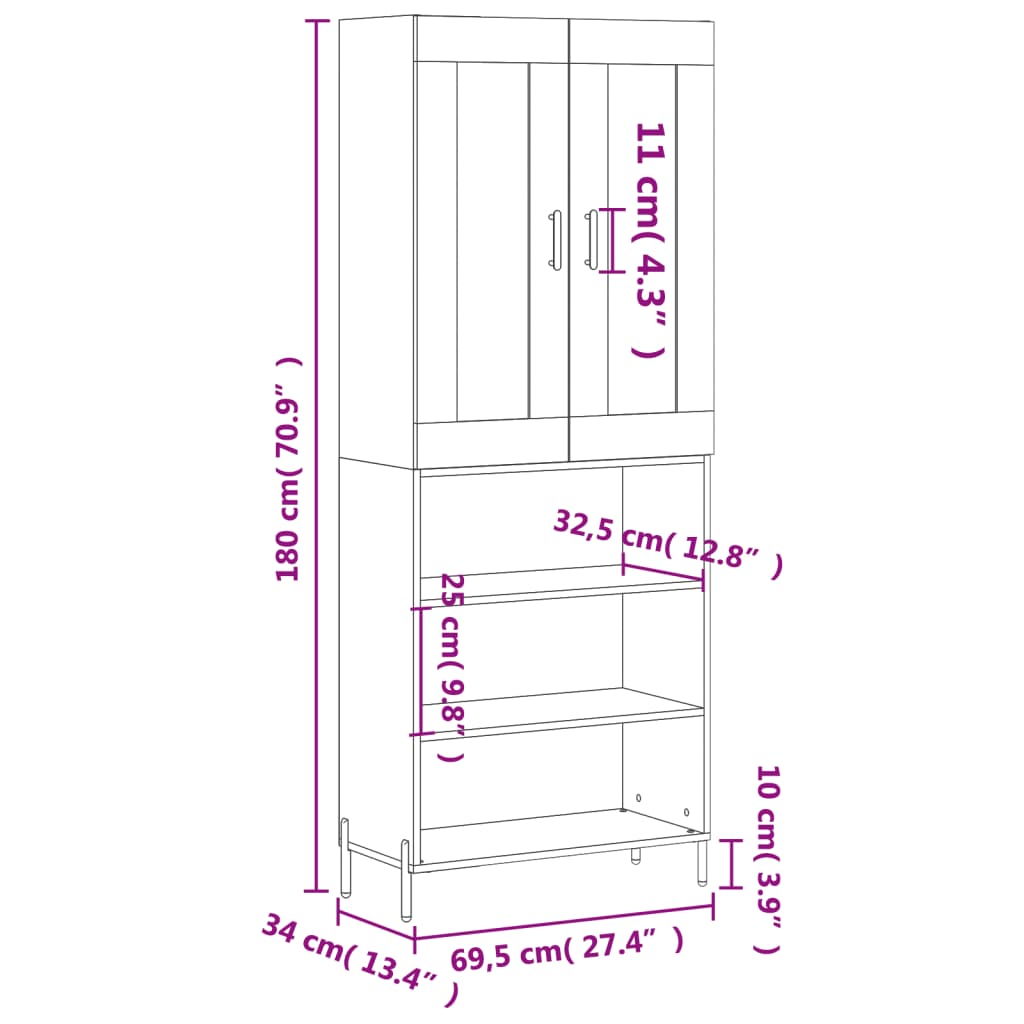 vidaXL Visoka komoda dimljen hrast 69,5x34x180 cm inženirski les