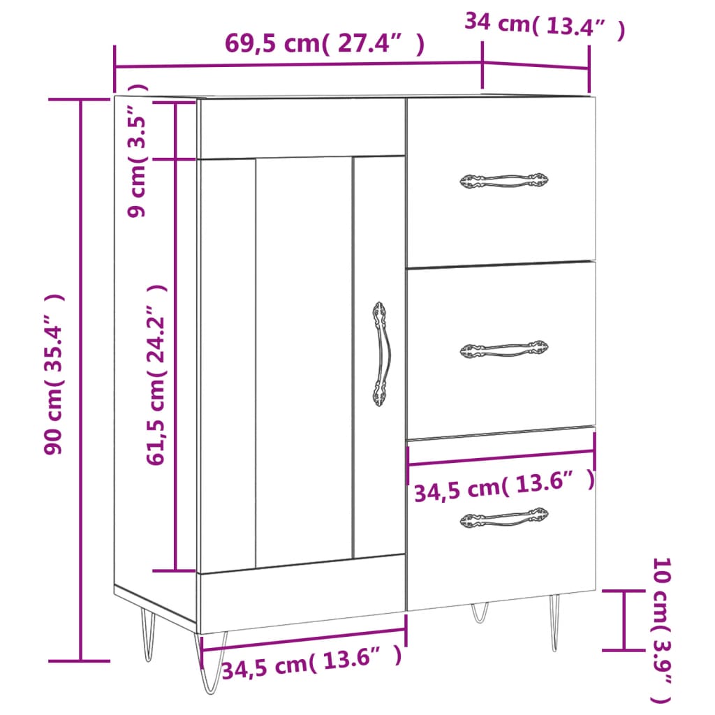 vidaXL Komoda visok sijaj bela 69,5x34x90 cm inženirski les