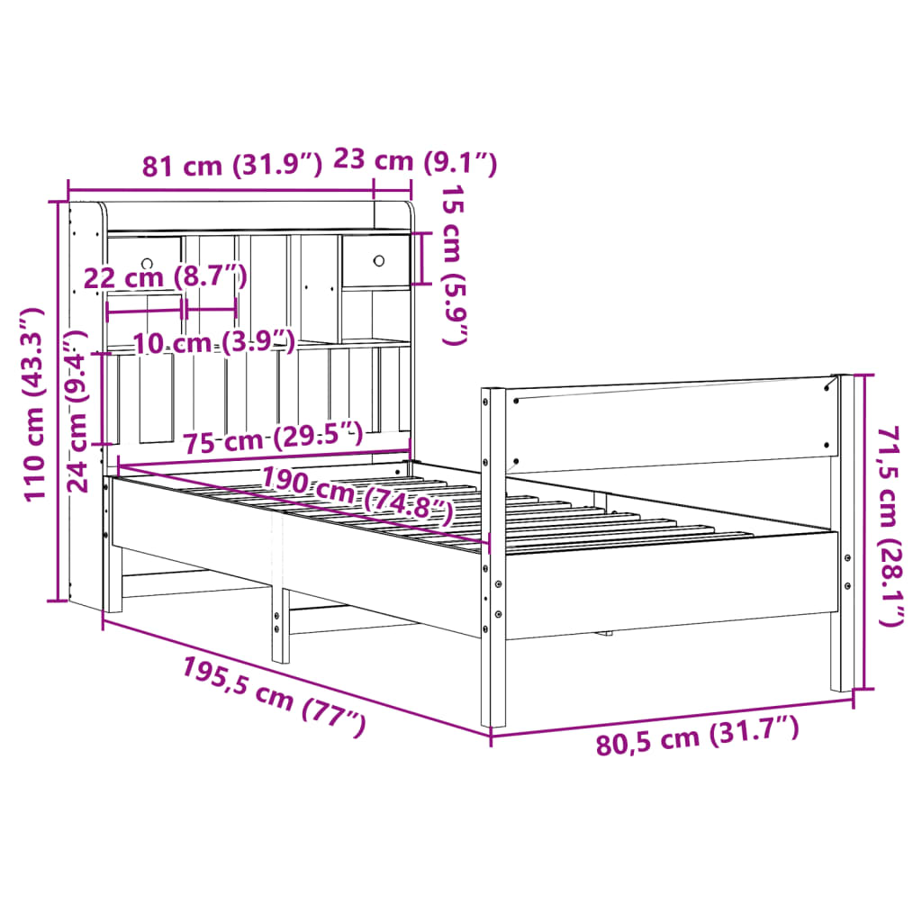 vidaXL Knjižna postelja brez vzmetnice vošč. rjava 75x190 cm borovina