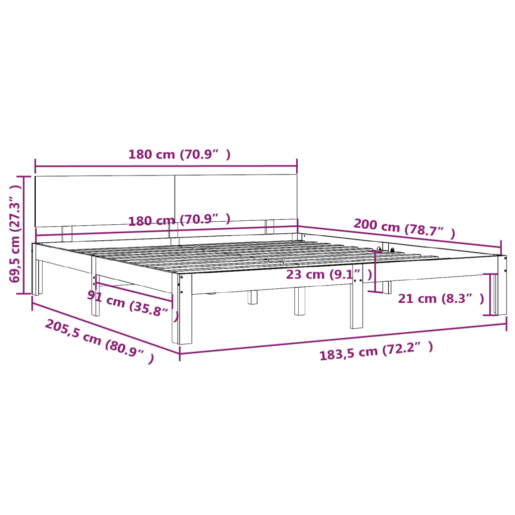 vidaXL Posteljni okvir bel iz trdnega lesa 180x200 cm