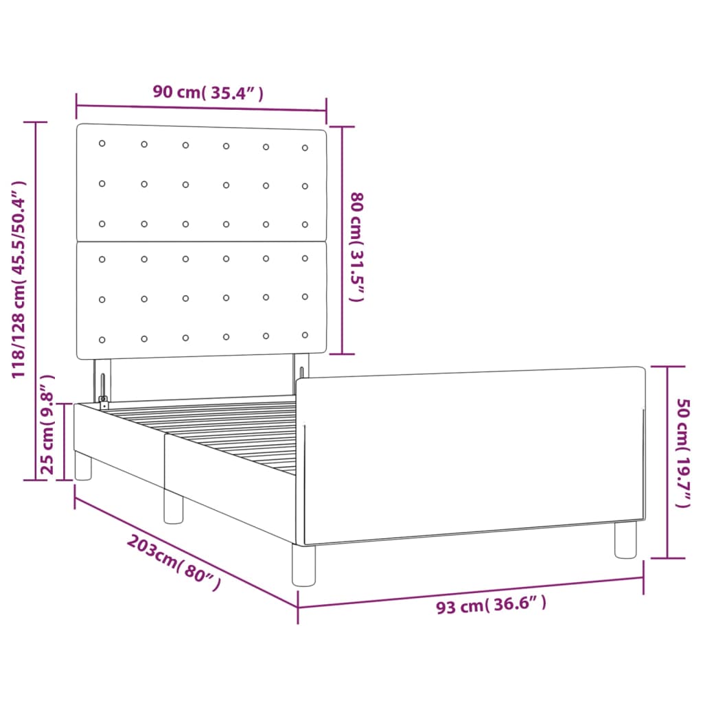 vidaXL Posteljni okvir z vzglavjem bel 90x200 cm blago