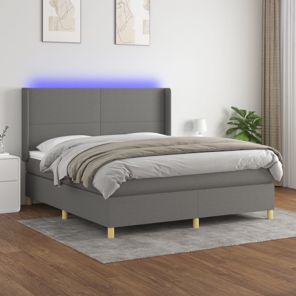 vidaXL Box spring postelja z vzmetnico LED temno siva 180x200 cm blago