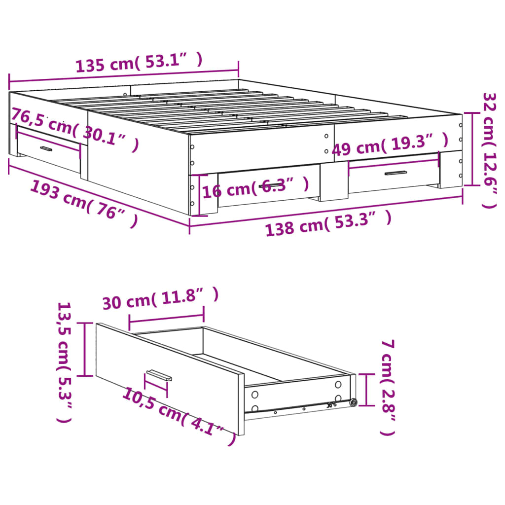 vidaXL Posteljni okvir s predali črn 135x190 cm inženirski les