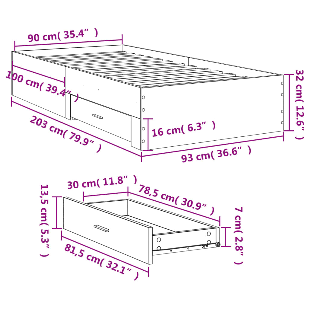 vidaXL Posteljni okvir s predali sonoma hrast 90x200 cm inženirski les