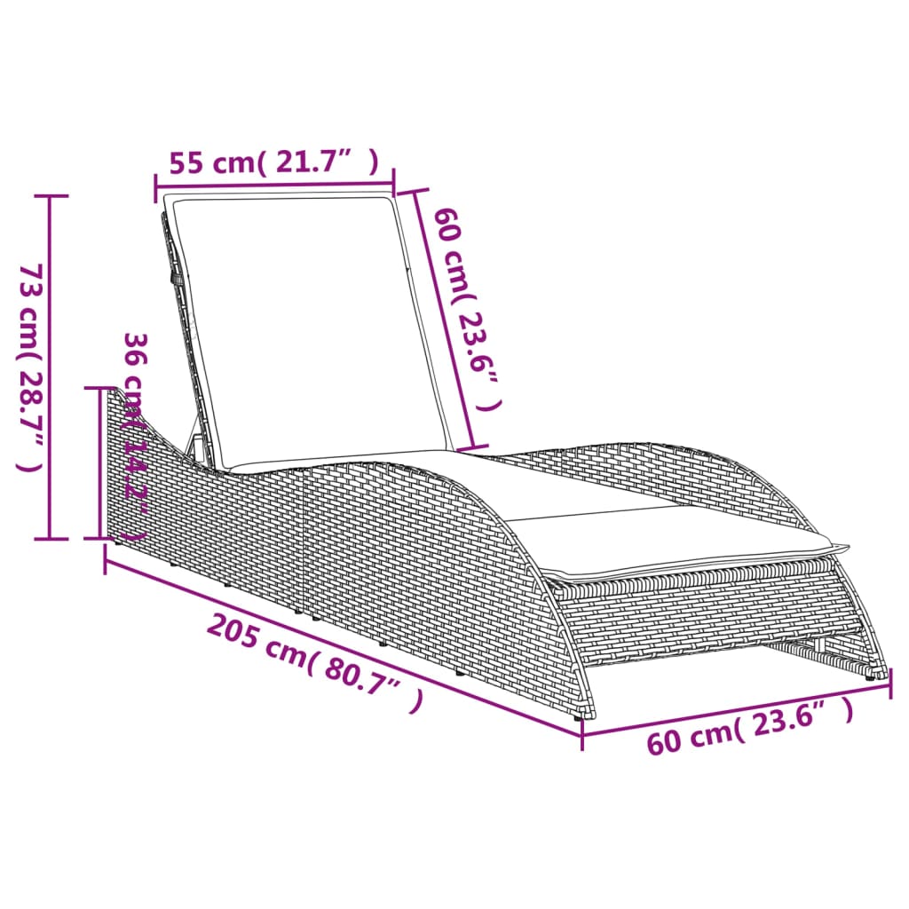 vidaXL Ležalnik z blazino bež 60x205x73 cm poli ratan