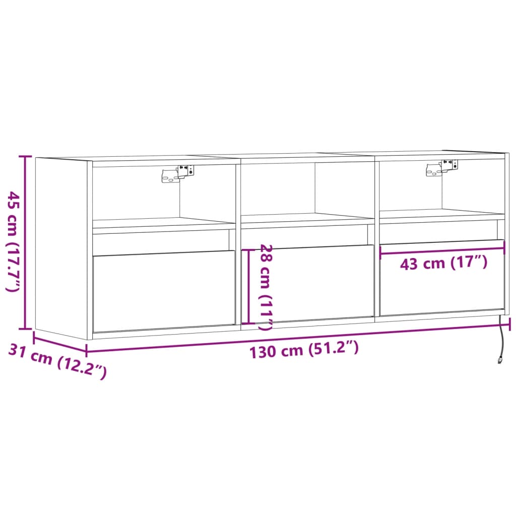 vidaXL Stenska TV omarica z LED lučkami črna 130x31x45 cm