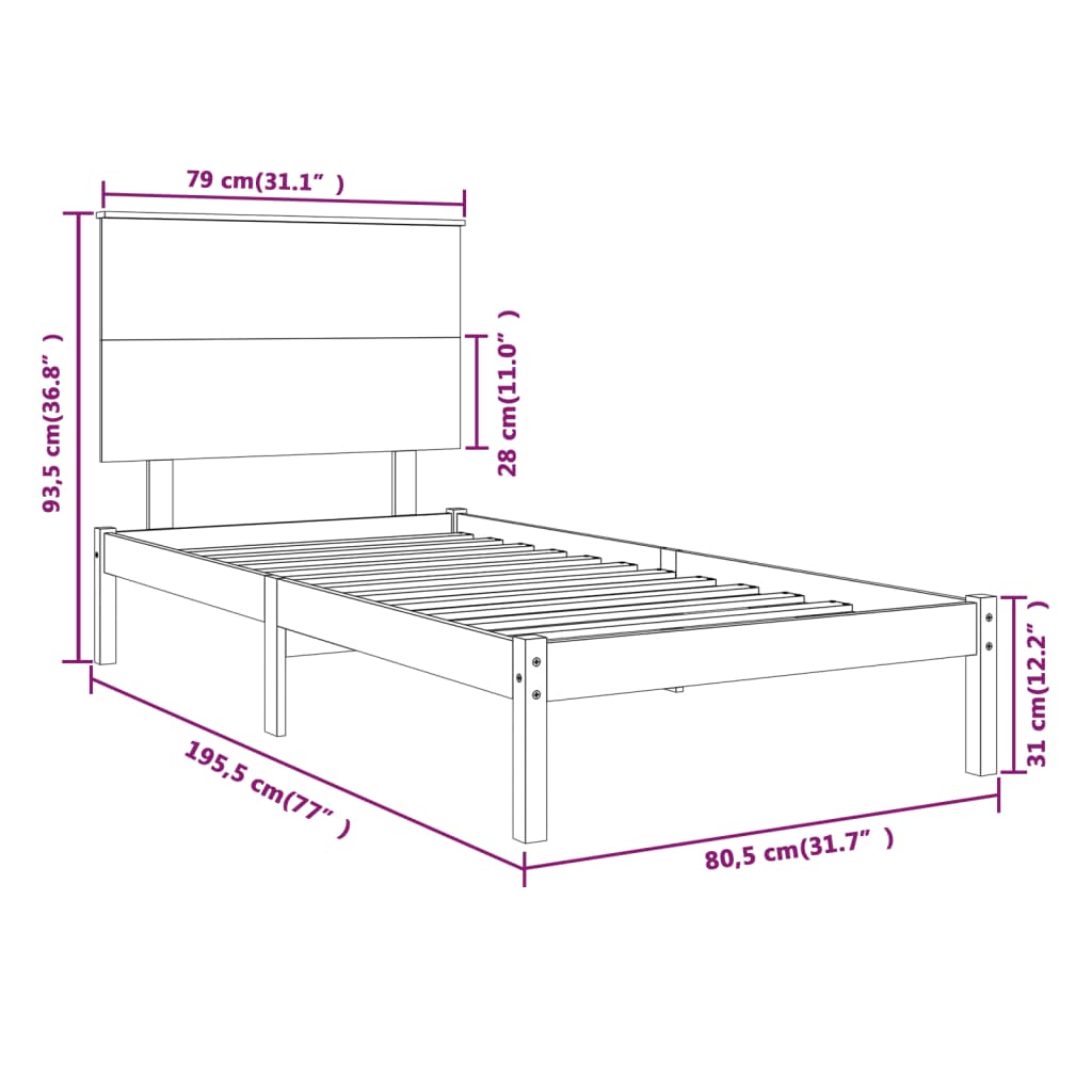 vidaXL Posteljni okvir medeno rjav iz trdnega lesa 75x190 cm