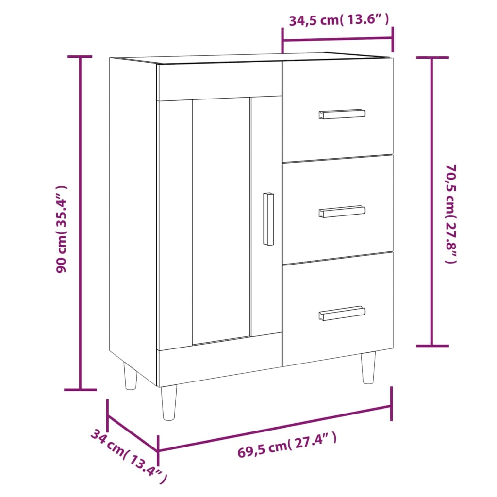 vidaXL Komoda visok sijaj bela 69,5x34x90 cm inženirski les