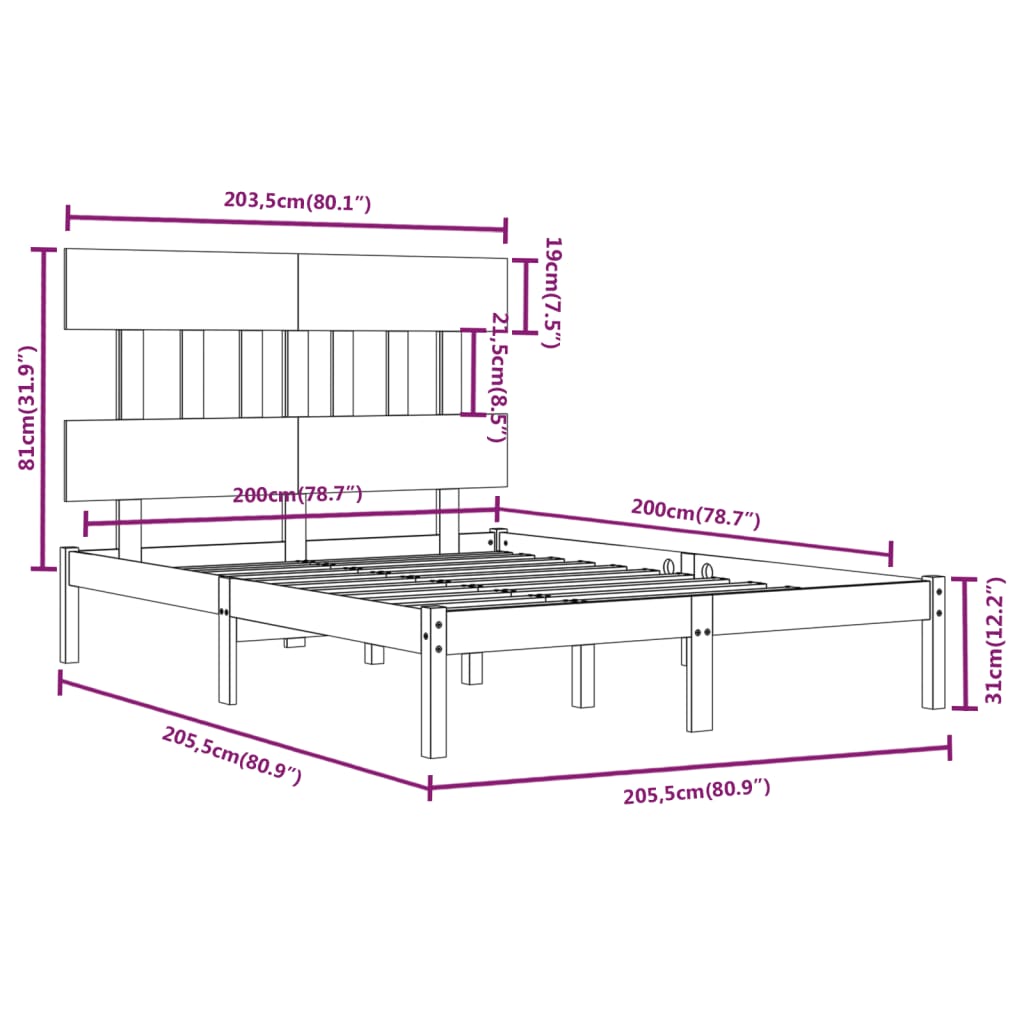 vidaXL Posteljni okvir medeno rjav iz trdnega lesa 200x200 cm