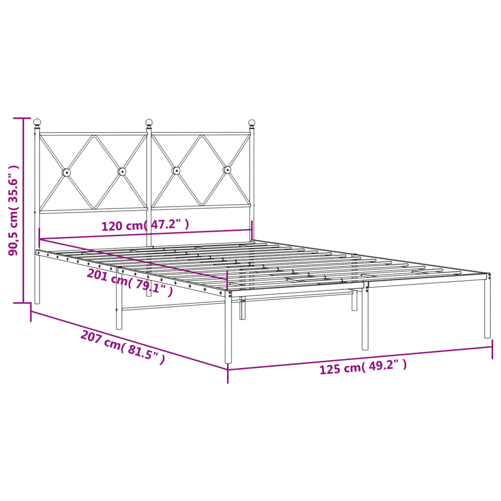 vidaXL Kovinski posteljni okvir z vzglavjem črn 120x200 cm