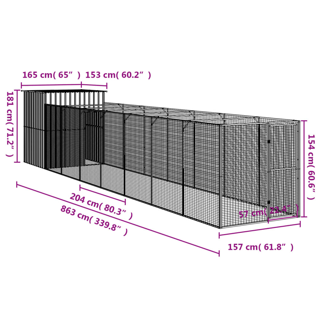 vidaXL Pasja uta z izhodom svetlo siva 165x863x181 cm pocinkano jeklo