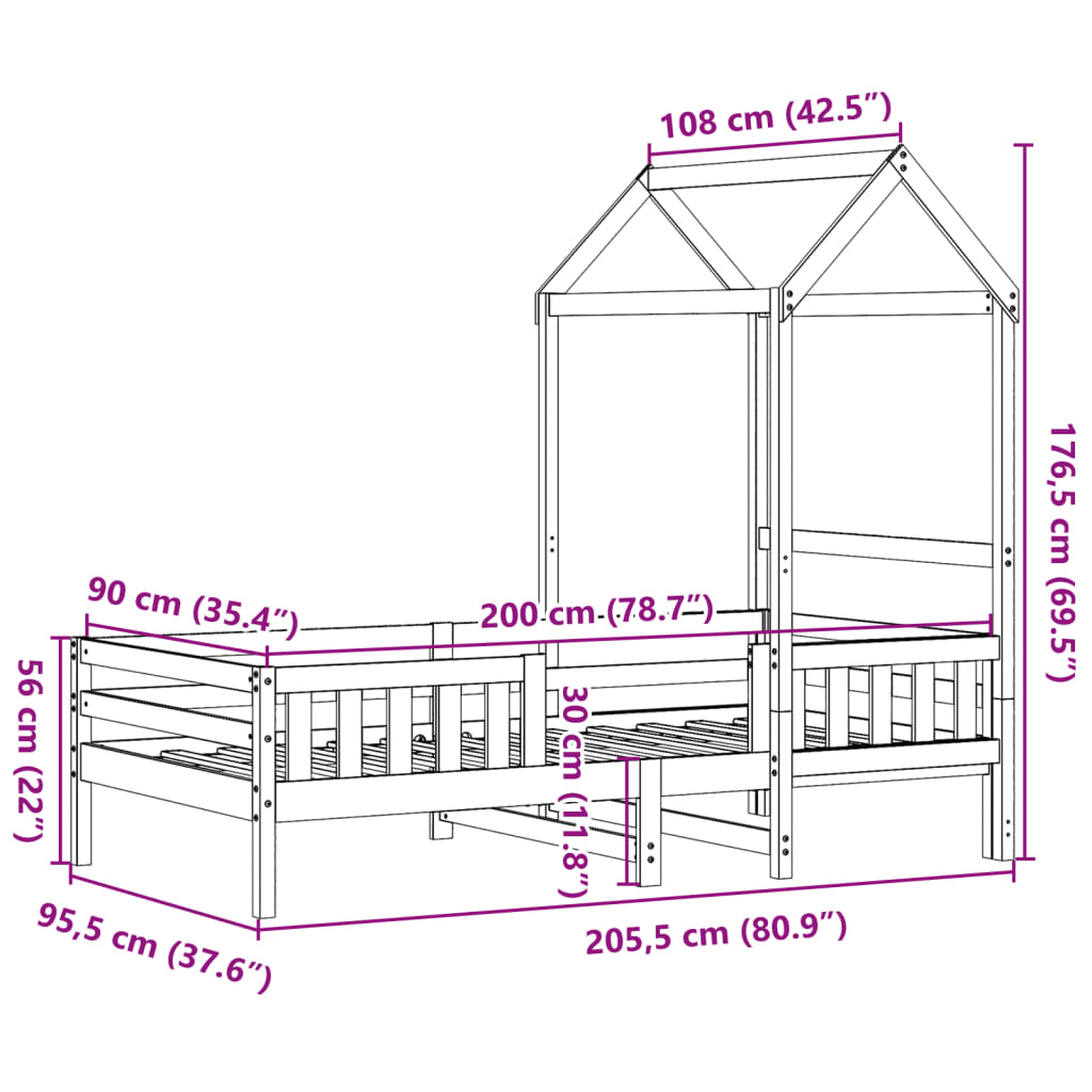 vidaXL Posteljni okvir s streho 90x200 cm trdna borovina