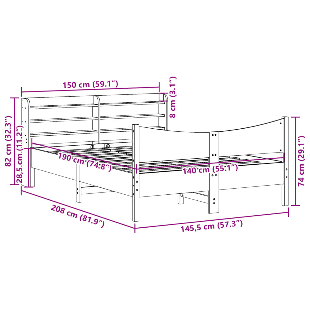 vidaXL Posteljni okvir z vzglavjem 140x190 cm trdna borovina