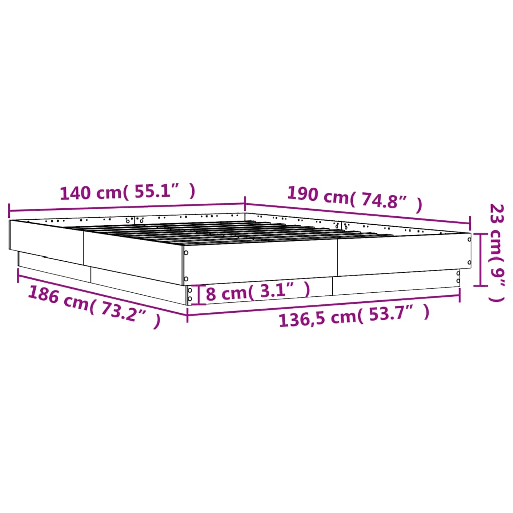 vidaXL Posteljni okvir z LED diodami siva sonoma 140x190 cm