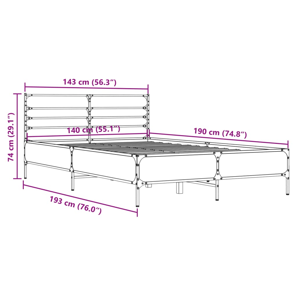 vidaXL Posteljni okvir siva sonoma 140x190 cm inž. les in kovina