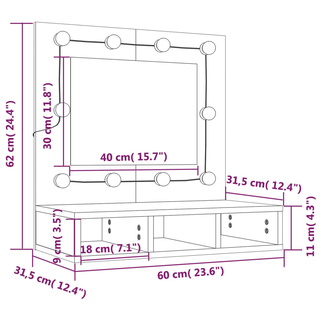 vidaXL Omarica z ogledalom in LED lučkami rjavi hrast 60x31,5x62 cm