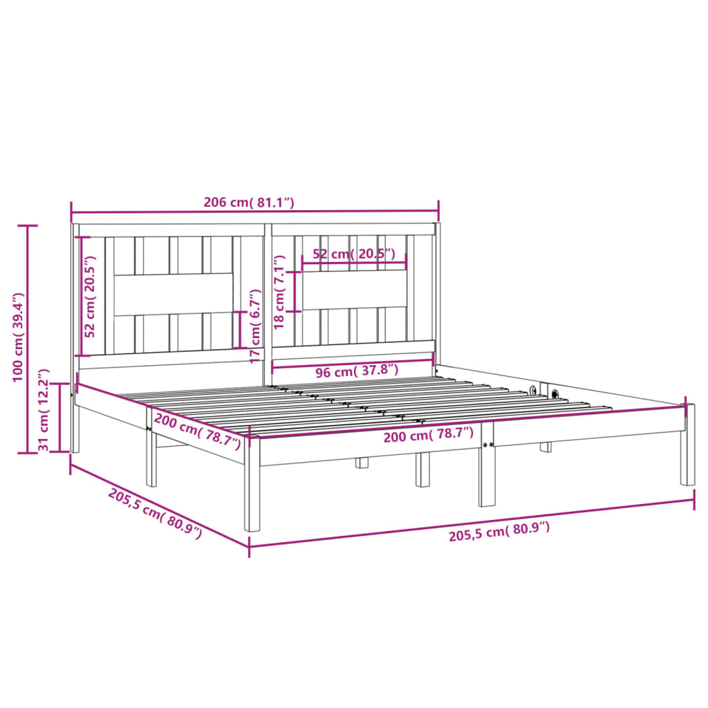 vidaXL Posteljni okvir bel iz trdne borovine 200x200 cm