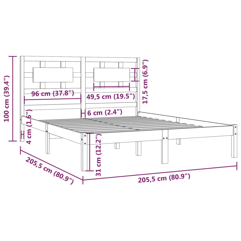 vidaXL Posteljni okvir črn iz trdne borovine 200x200 cm