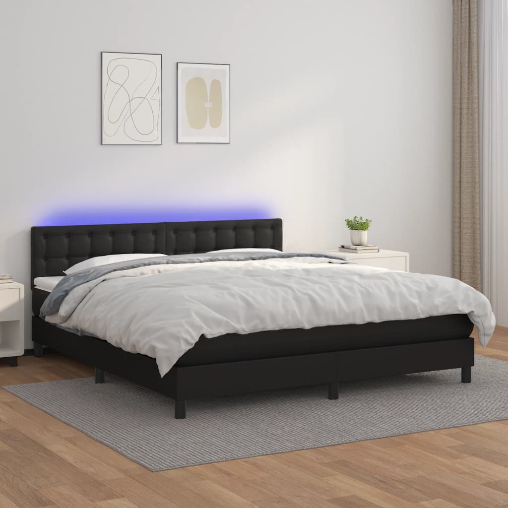 vidaXL Box spring postelja z vzmetnico LED črna 180x200 cm um. usnje