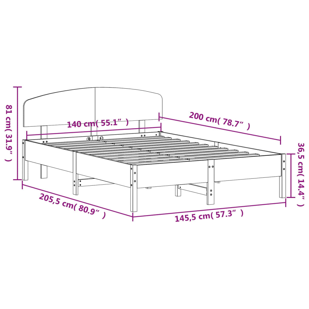 vidaXL Posteljni okvir brez vzmetnice bel 140x200 cm trdna borovina