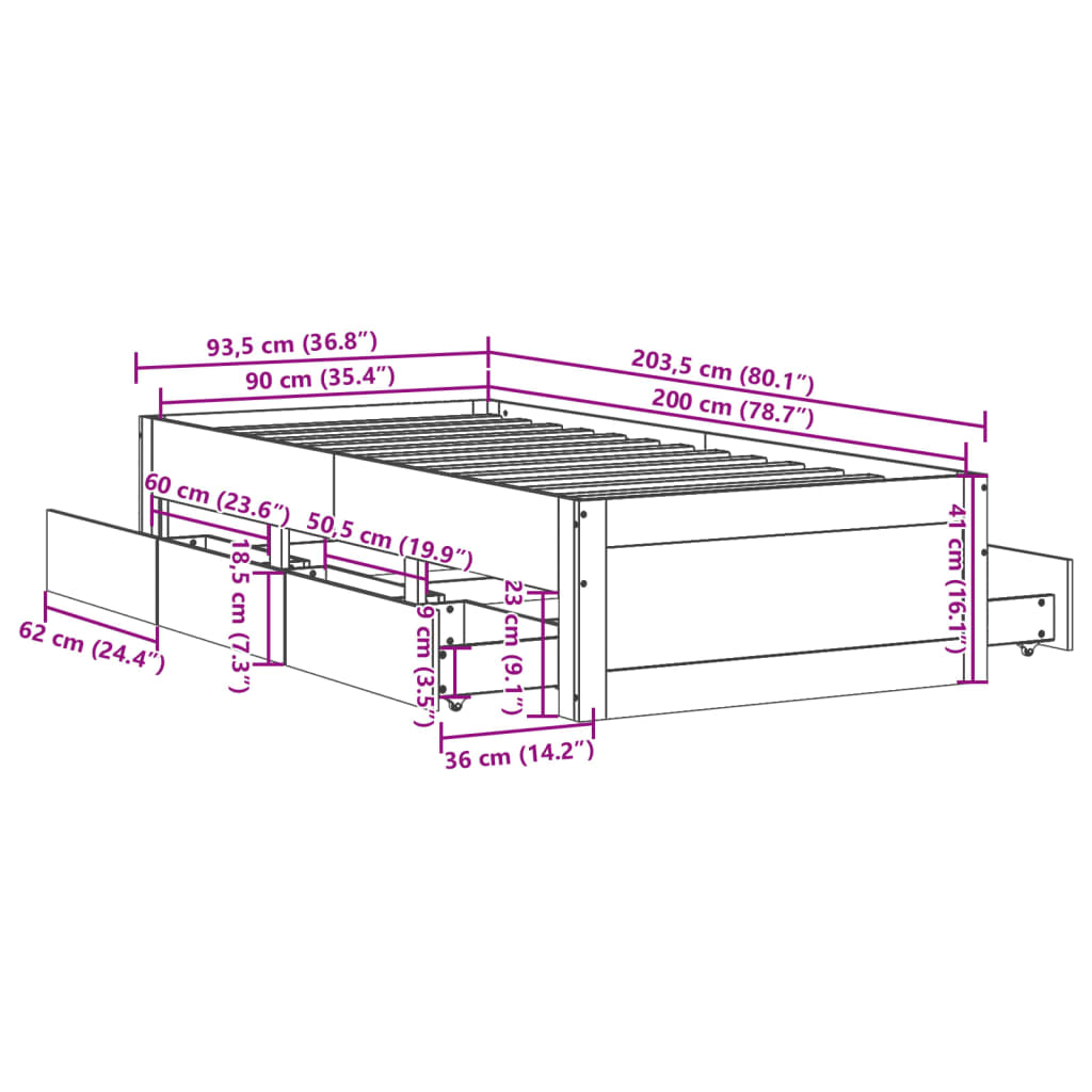 vidaXL Posteljni okvir brez vzmetnice s predali 90x200 cm borovina