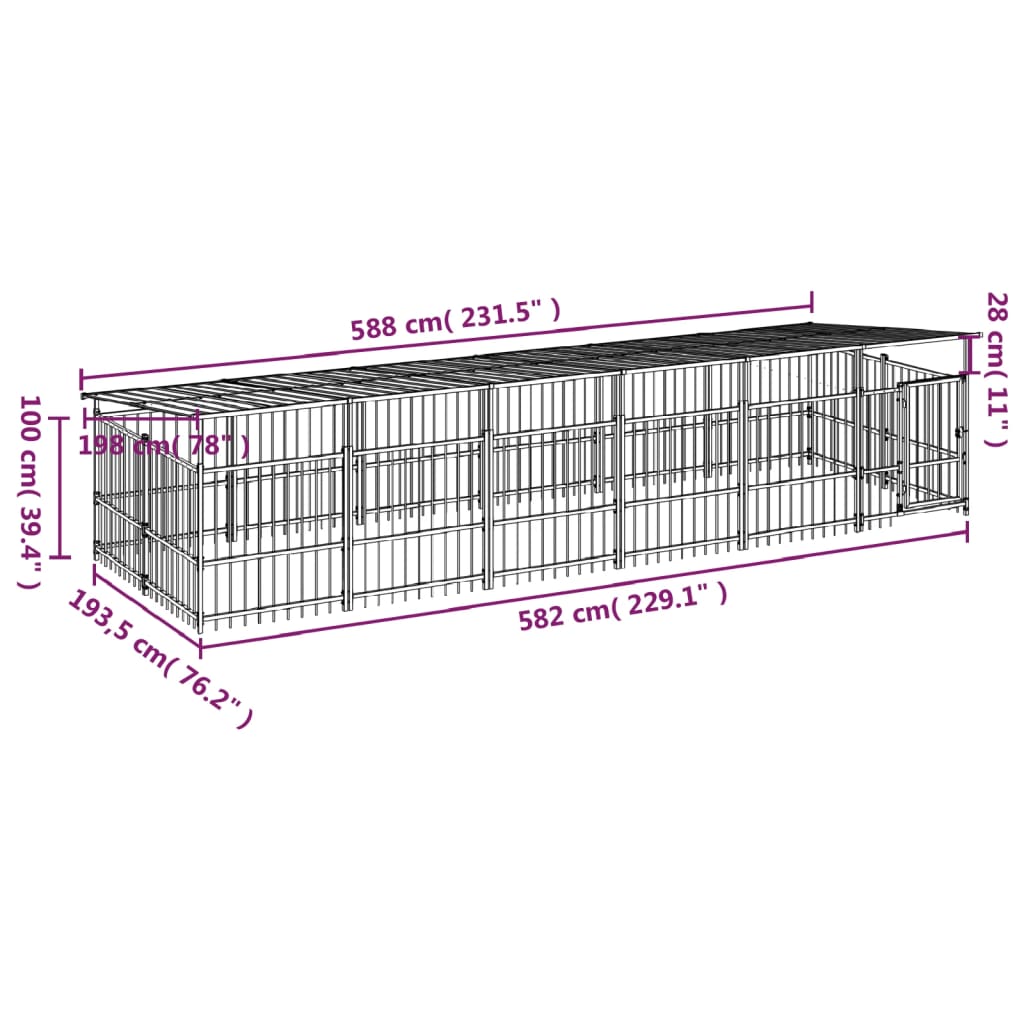 vidaXL Zunanji pasji boks s streho jeklen 11,26 m²